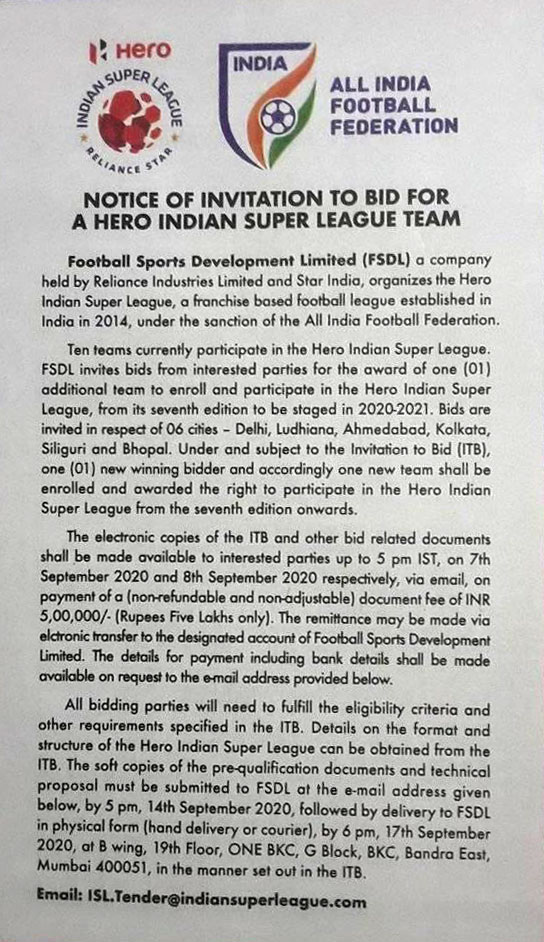 You are currently viewing Notice of Invitation to Bid for a Hero Indian Super League Team.