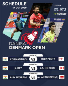 Read more about the article Schedule: K Srikanth,  Subhankar Dey & Ajay Jayaram will start their campaign at Denmark Open tomorrow.
