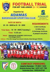 Read more about the article ADAMAS Baranagar Sporting Club U-13 Trials, Kolkata