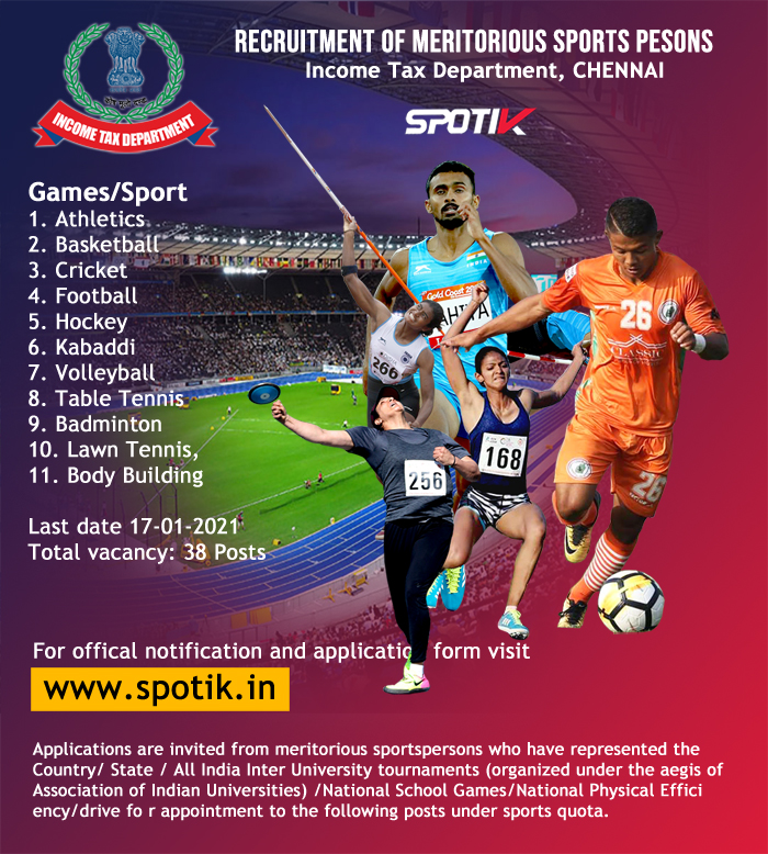 Read more about the article Recruitment of Meritorious Sportspersons – Income Tax Department, Chennai