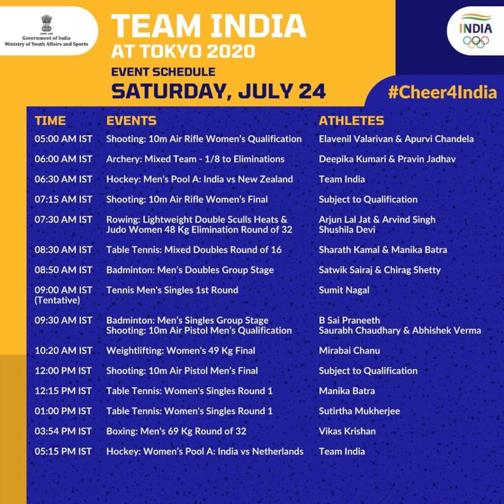 Day 1 : Team India Tokyo Olympic Schedule.