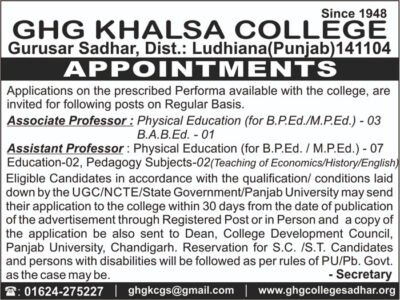 Read more about the article GHG Khalsa College Physical Education Professor Recruitment 2021