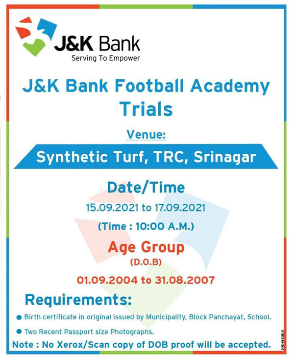 You are currently viewing J&K Bank Football Club Youth Trials, Srinagar