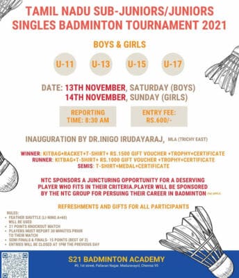 Read more about the article Tamil Nadu Sub-Juniors/Juniors Singles Badminton Tournament 2021