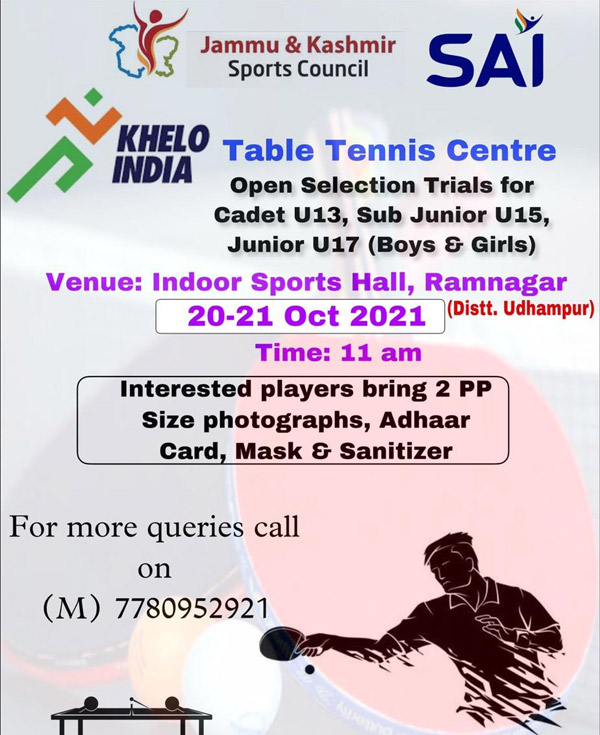 You are currently viewing J&K : Selection Trials in Table-Tennis for khelo India center.
