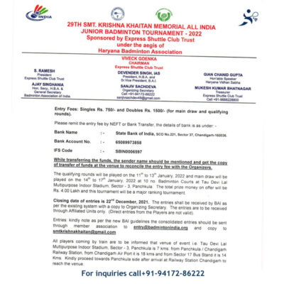 Read more about the article All India Junior Badminton Tournament, Haryana