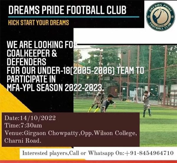 You are currently viewing Dreams Pride Football Club U18 Trials, Mumbai.