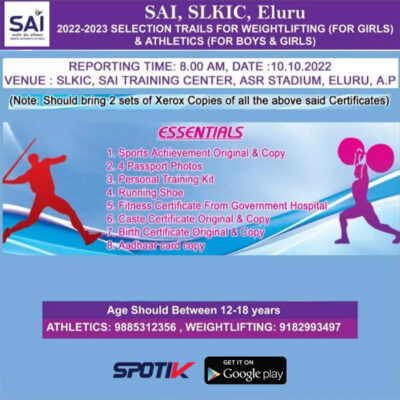 Read more about the article SAI Athletics & Weightlifting Selection Trials Eluru, AP