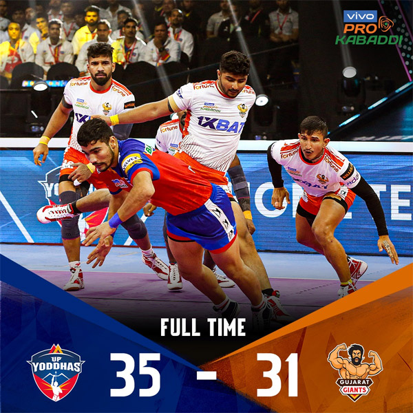 You are currently viewing Pardeep Narwal, Rohit Tomar shine as U.P. Yoddhas beat Gujarat Giants.
