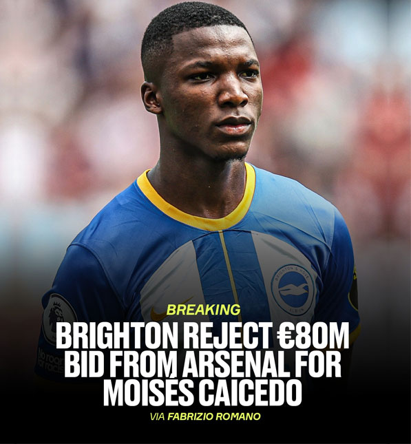 You are currently viewing Arsenal’s second bid for Moisés Caicedo has been immediately rejected by Brighton
