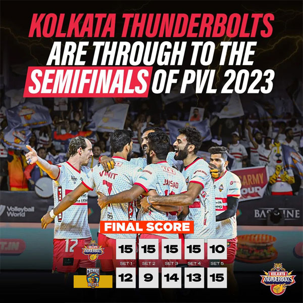 Read more about the article Kolkata Thunderbolts confirm spot in the semi-finals with win over Chennai Blitz