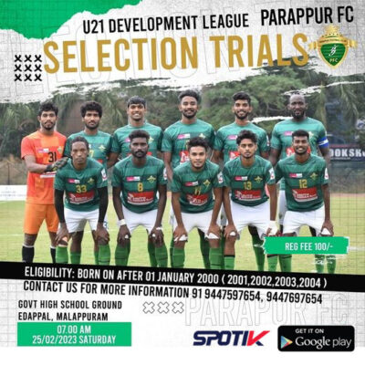 Read more about the article U21 Development League Parappur FC – Selection Trials, Kerala