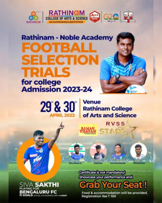Read more about the article Noble football Academy in partnership with Rathinam college Selection Trials, Coimbatore