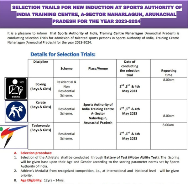 Read more about the article Sports Authority Of India Selection Trials, Arunachal Pradesh