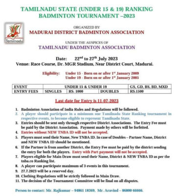 Read more about the article TAMILNADU STATE (UNDER 15 & 19) RANKING BADMINTON TOURNAMENT -2023