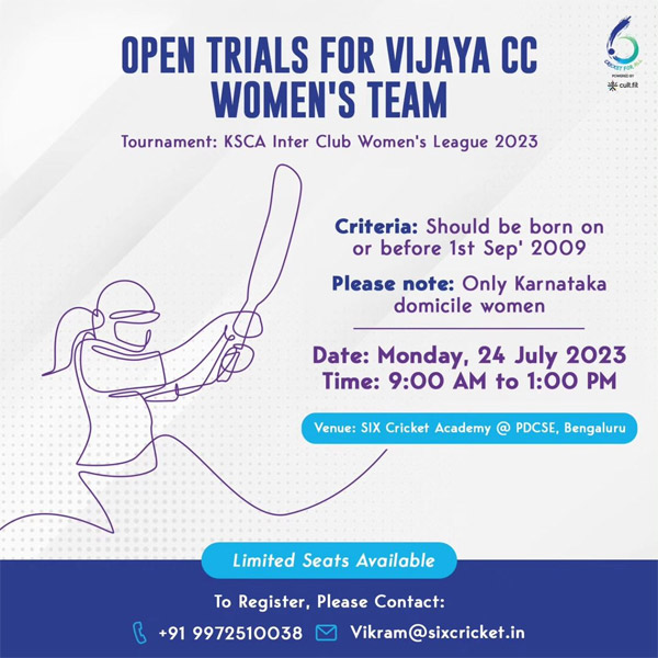 Read more about the article Open Trials for Vijaya CC Women’s Team, Bengaluru