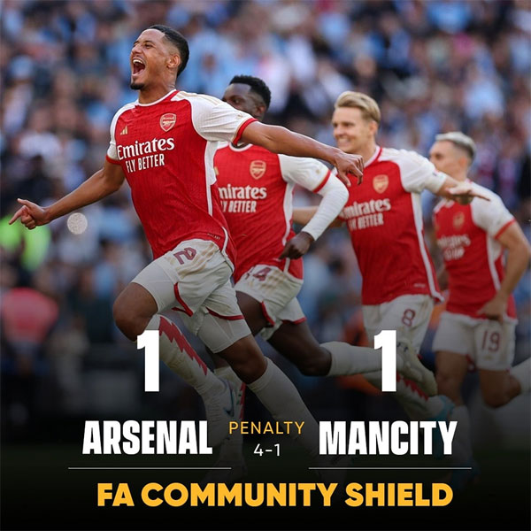 Read more about the article Arsenal defeated treble-winners Manchester City on penalties to lift the Community Shield.