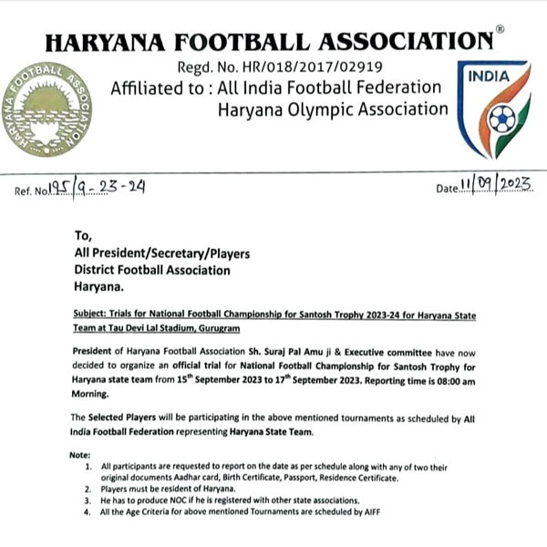Read more about the article Haryana State Team Santosh Trophy Trials