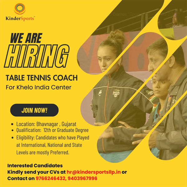 Read more about the article Kinder Sports are hiring for Table Tennis Coach for Khelo India Centre, Gujarat
