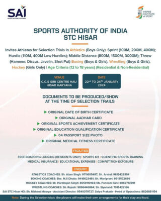 Read more about the article Sports Authority of India STC Selection Trials, Hisar