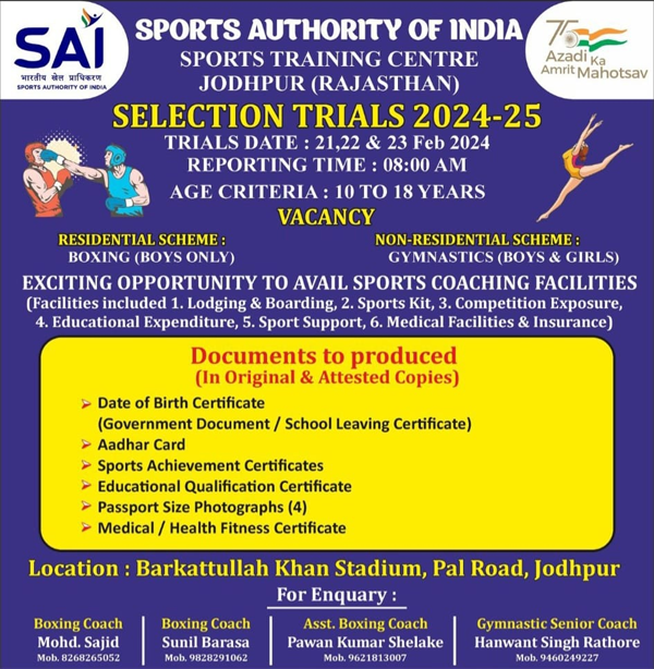 You are currently viewing Sports Authority Of India Selection Trials 2024-25, Rajasthan